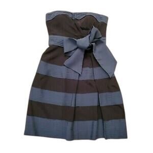 Anthropologie Hitherto Blue Black Striped Silk Strapless Bow Dress Size 6